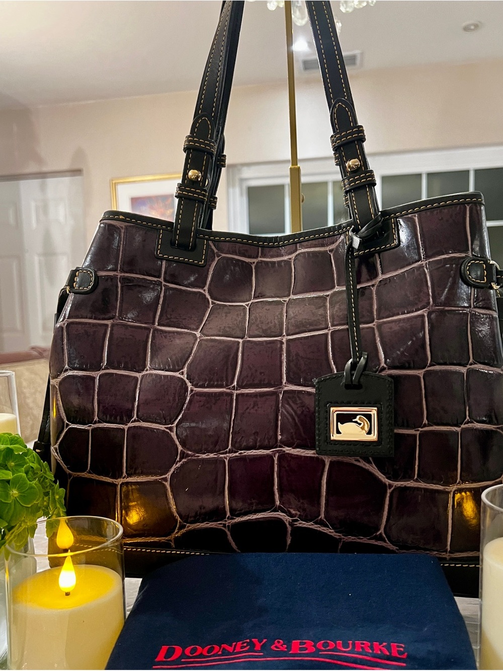 Dooney & Bourke Vintage Eggplant Croc Leather Tote + Flannel Dust Bag